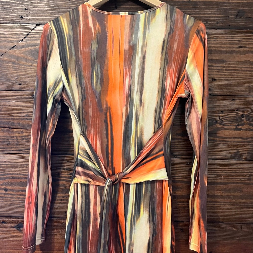 Abstract Stripe Maxi Dress Womens XL Orange Brown Long Sleeve Boho 70s Artsy - Picture 4 of 10